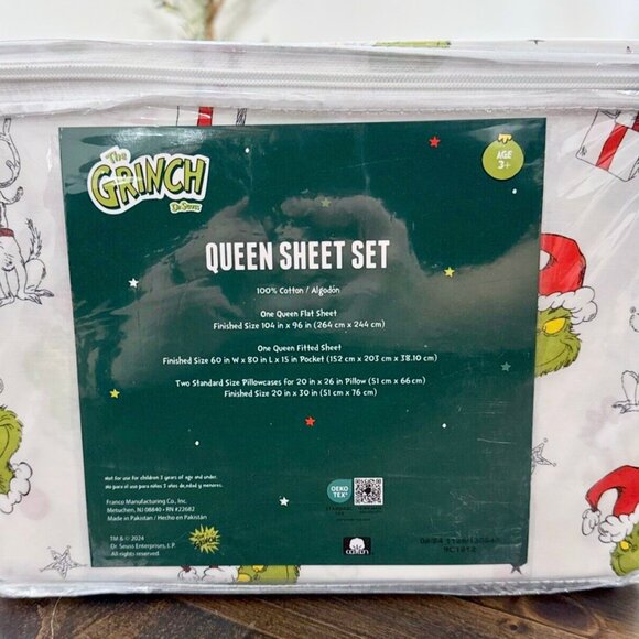 Dr. Seuss THE GRINCH CHRISTMAS Queen Size Cotton Sheet Set (ALL COTTON) - Picture 3 of 3